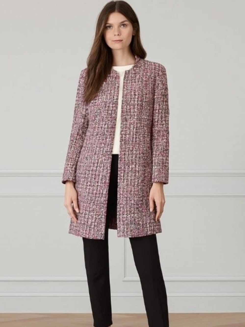 Chic Pink Tweed Collarless Longline Blazer
